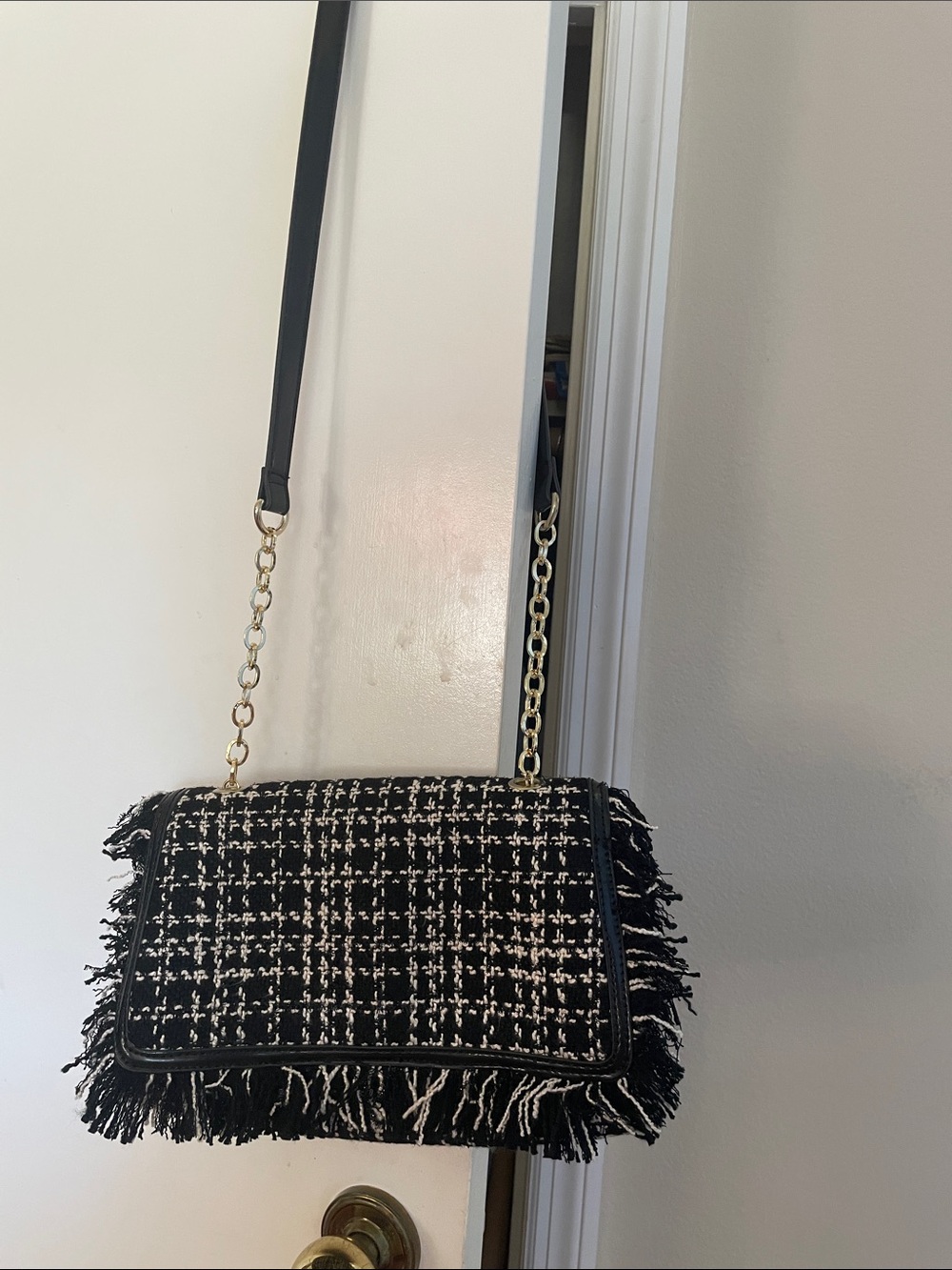 bebe Black and White Tweed Fringe Crossbody with Gold Chain